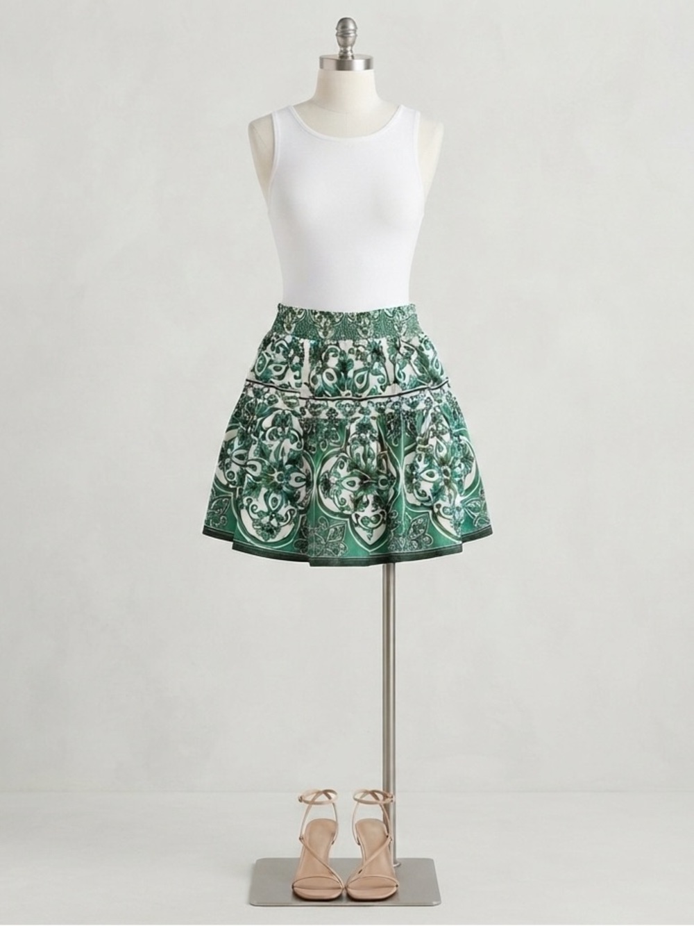 Green and White Printed Tiered Mini Skater Skirt